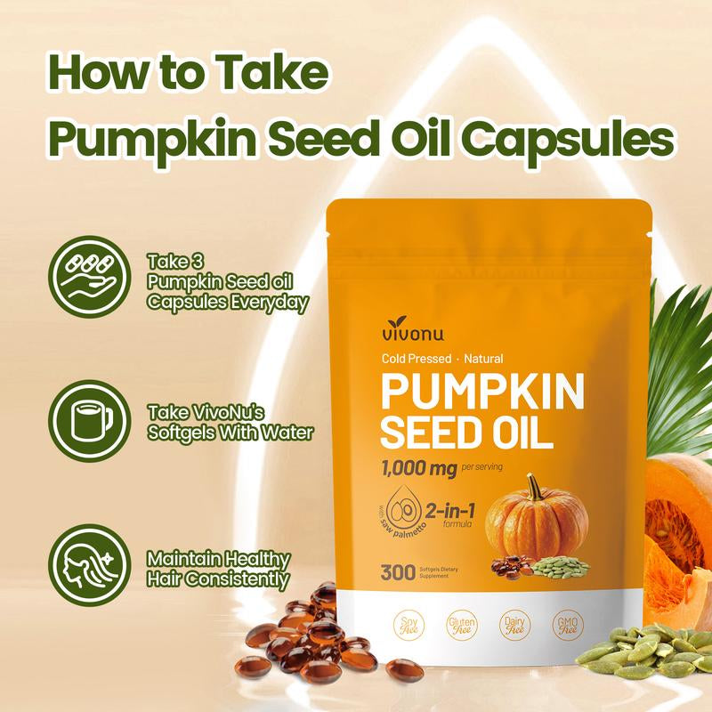 Vivonu Natural Pumpkin Seed Oil and Saw Palmetto Softgel 1000Mg High Content Plant Esters 300 Capsules